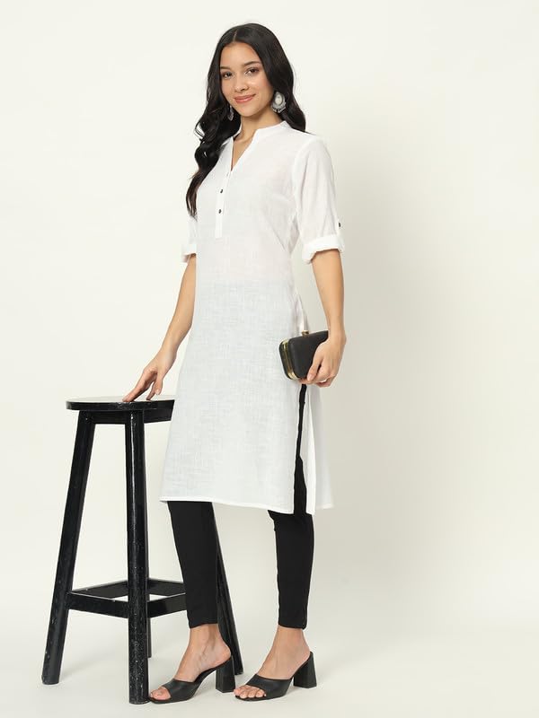 beSOLiD Women's Linen Cotton Kurta, Knee Length, 3/4 Sleeves, V-Neck, Regular Fit, with Pockets - close-up detail (55)