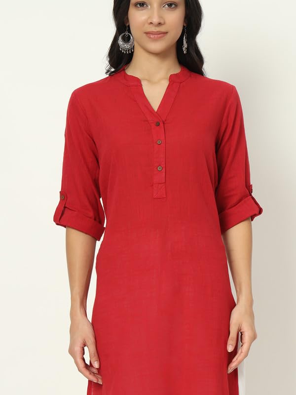 beSOLiD Women's Linen Cotton Kurta, Knee Length, 3/4 Sleeves, V-Neck, Regular Fit, with Pockets - close-up detail