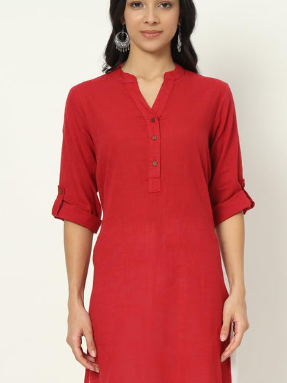 beSOLiD Women's Linen Cotton Kurta, Knee Length, 3/4 Sleeves, V-Neck, Regular Fit, with Pockets - close-up detail