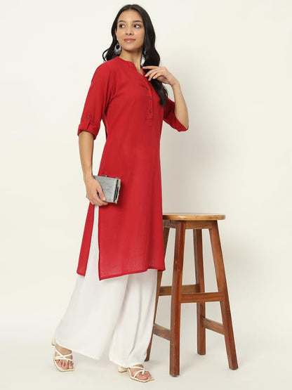 beSOLiD Women's Linen Cotton Kurta, Knee Length, 3/4 Sleeves, V-Neck, Regular Fit, with Pockets - in use