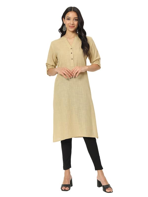 beSOLiD Women's Linen Cotton Kurta, Knee Length, 3/4 Sleeves, V-Neck, Regular Fit, with Pockets (9)
