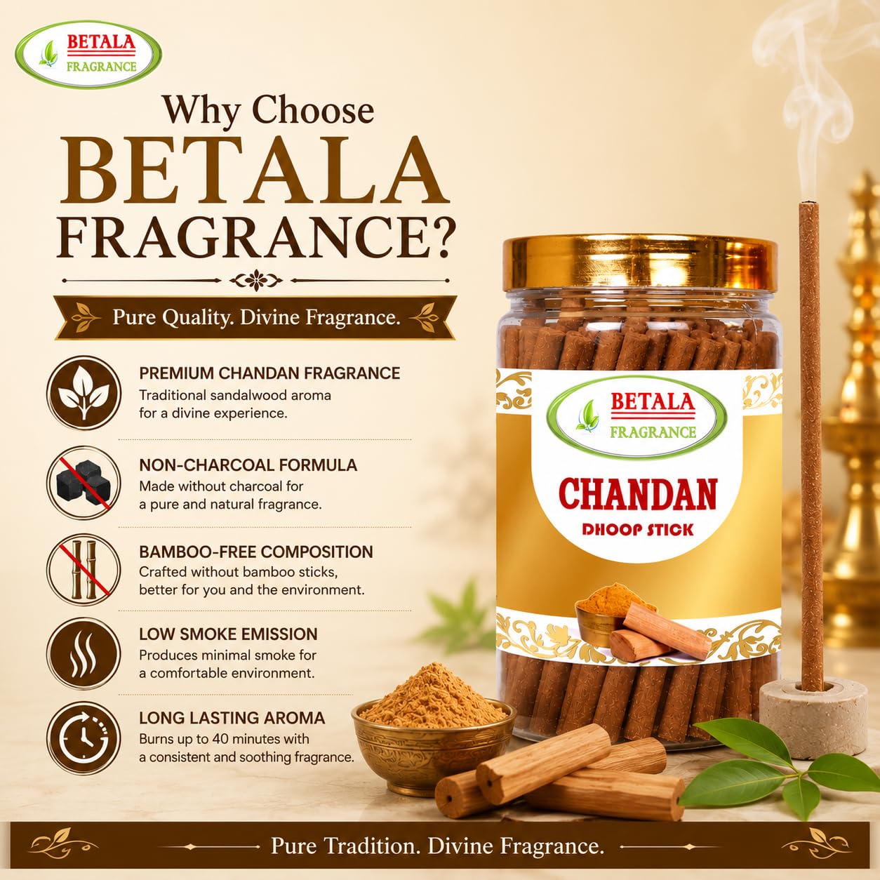 BETALA FRAGRANCE Chandan Sandalwood Dhoop Sticks, Incense Sticks for Pooja with Holder - packaging (10)