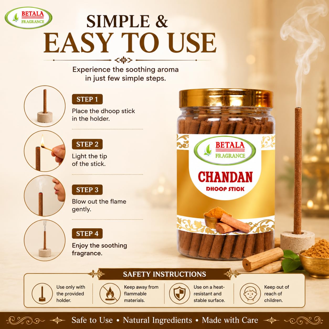 BETALA FRAGRANCE Chandan Sandalwood Dhoop Sticks, Incense Sticks for Pooja with Holder - label detail (11)