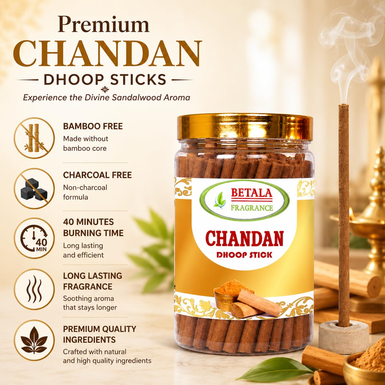 BETALA FRAGRANCE Chandan Sandalwood Dhoop Sticks, Incense Sticks for Pooja with Holder - front view (8)