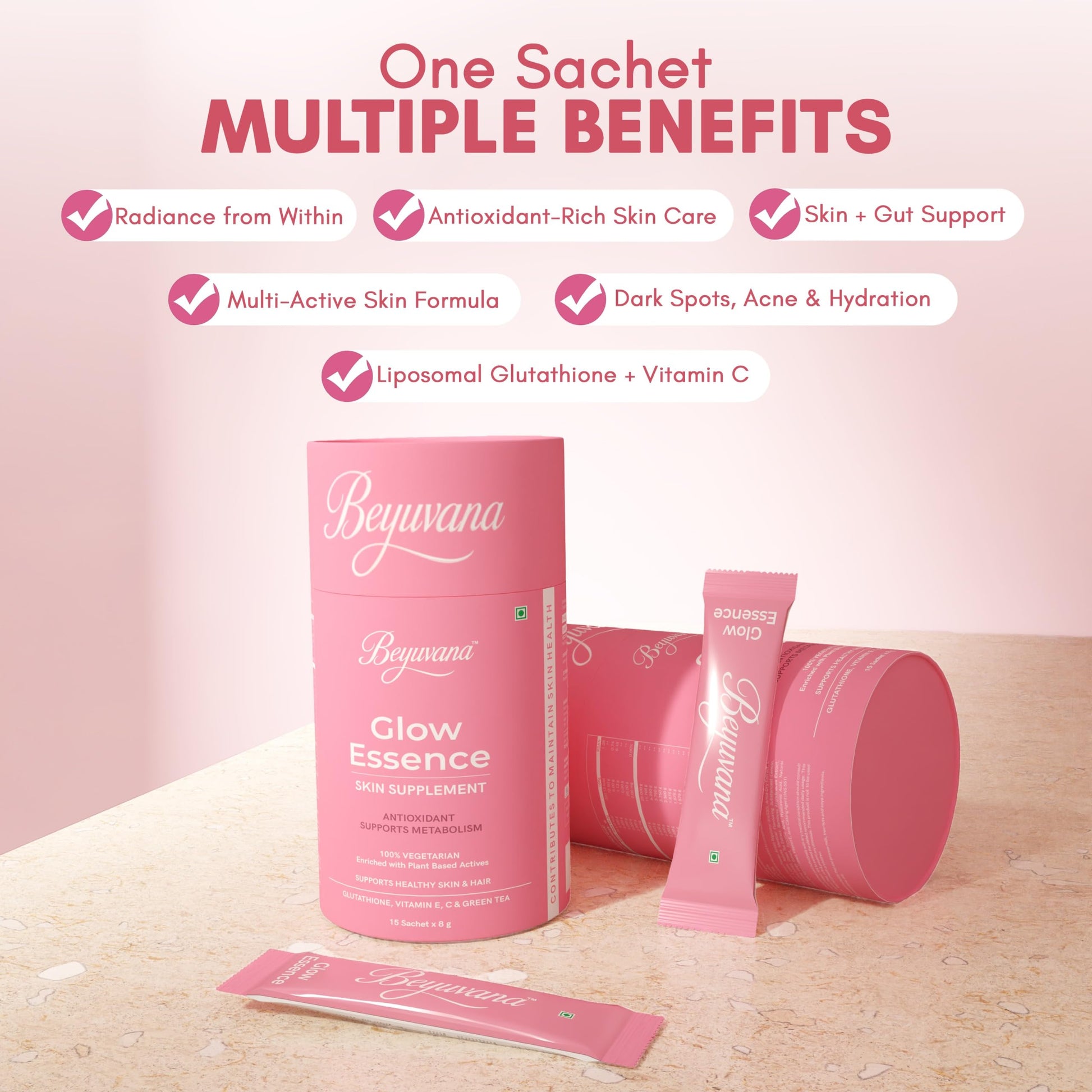 BEYUVANA Glow Essence Skin Supplement Powder with Glutathione, Vitamin C & E, Green Tea Extract - front view (12)