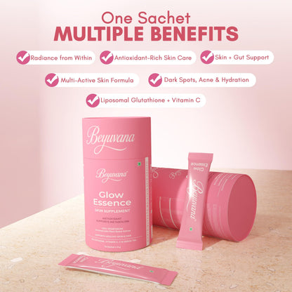 BEYUVANA Glow Essence Skin Supplement Powder with Glutathione, Vitamin C & E, Green Tea Extract - front view (12)