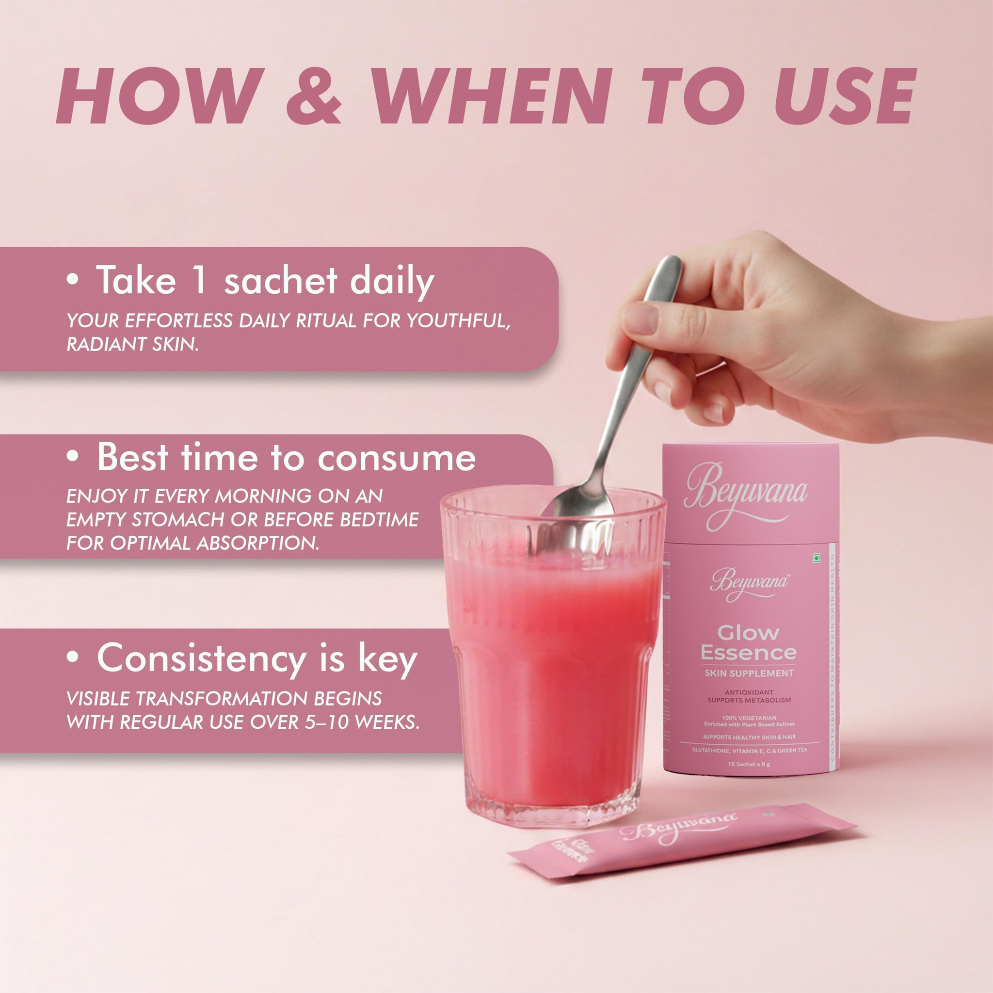 BEYUVANA Glow Essence Skin Supplement Powder with Glutathione, Vitamin C & E, Green Tea Extract - label detail (15)