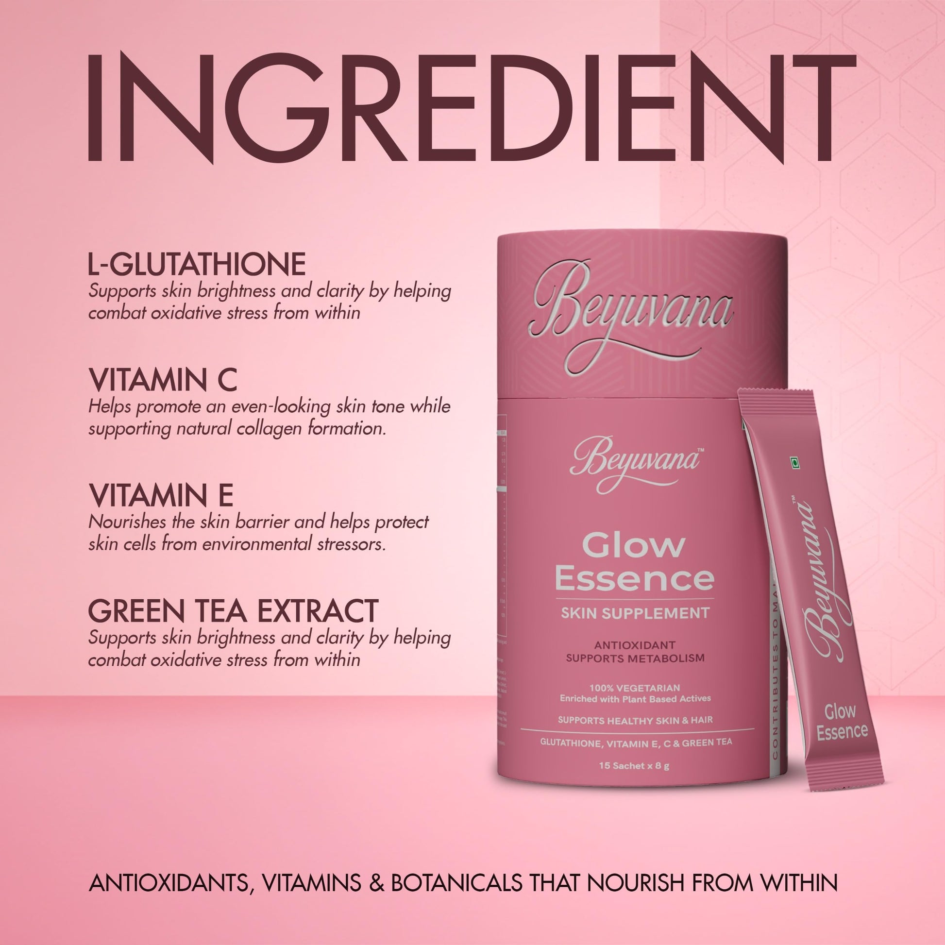 BEYUVANA Glow Essence Skin Supplement Powder with Glutathione, Vitamin C & E, Green Tea Extract - ingredients panel (16)