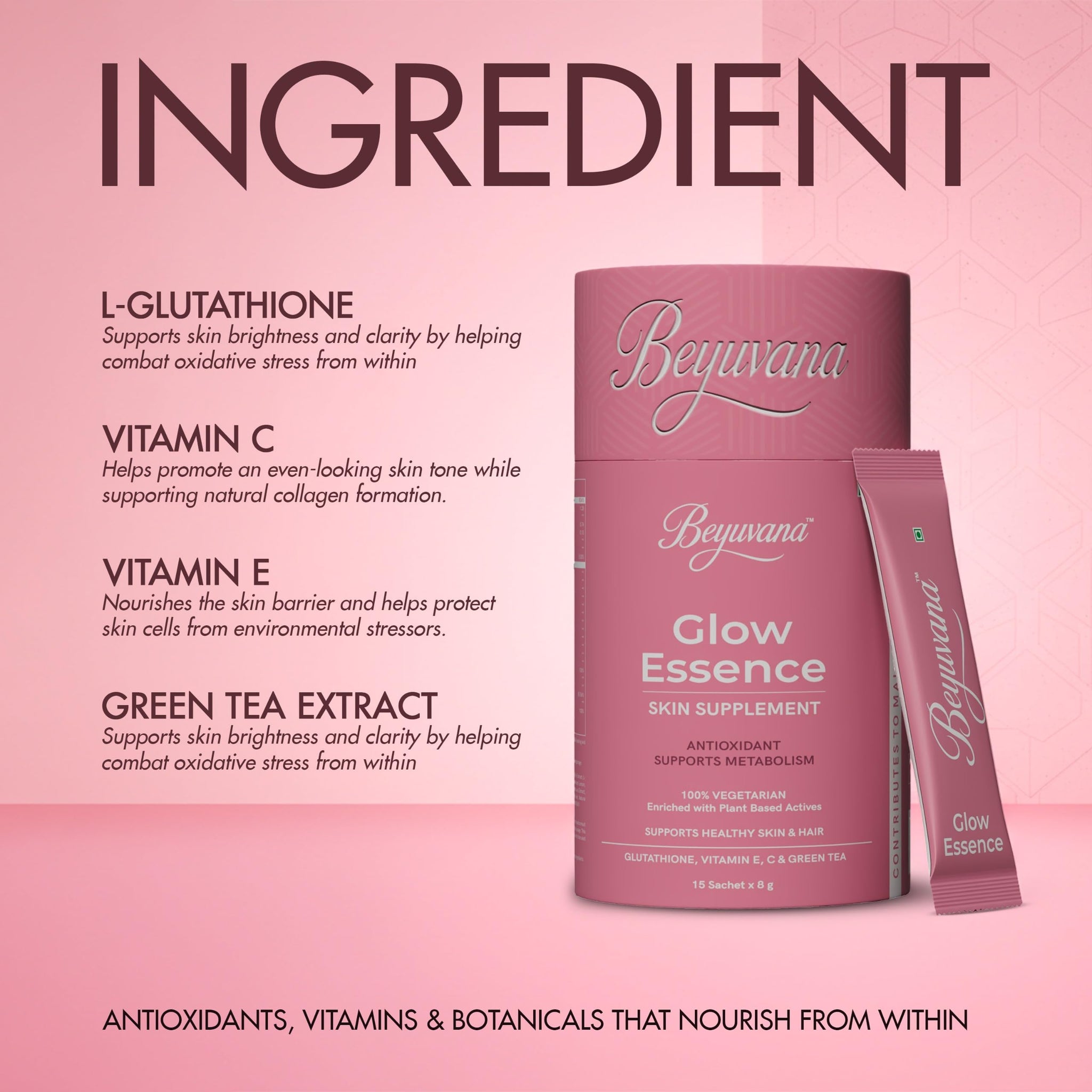 BEYUVANA Glow Essence Skin Supplement Powder with Glutathione, Vitamin C & E, Green Tea Extract - ingredients panel (16)