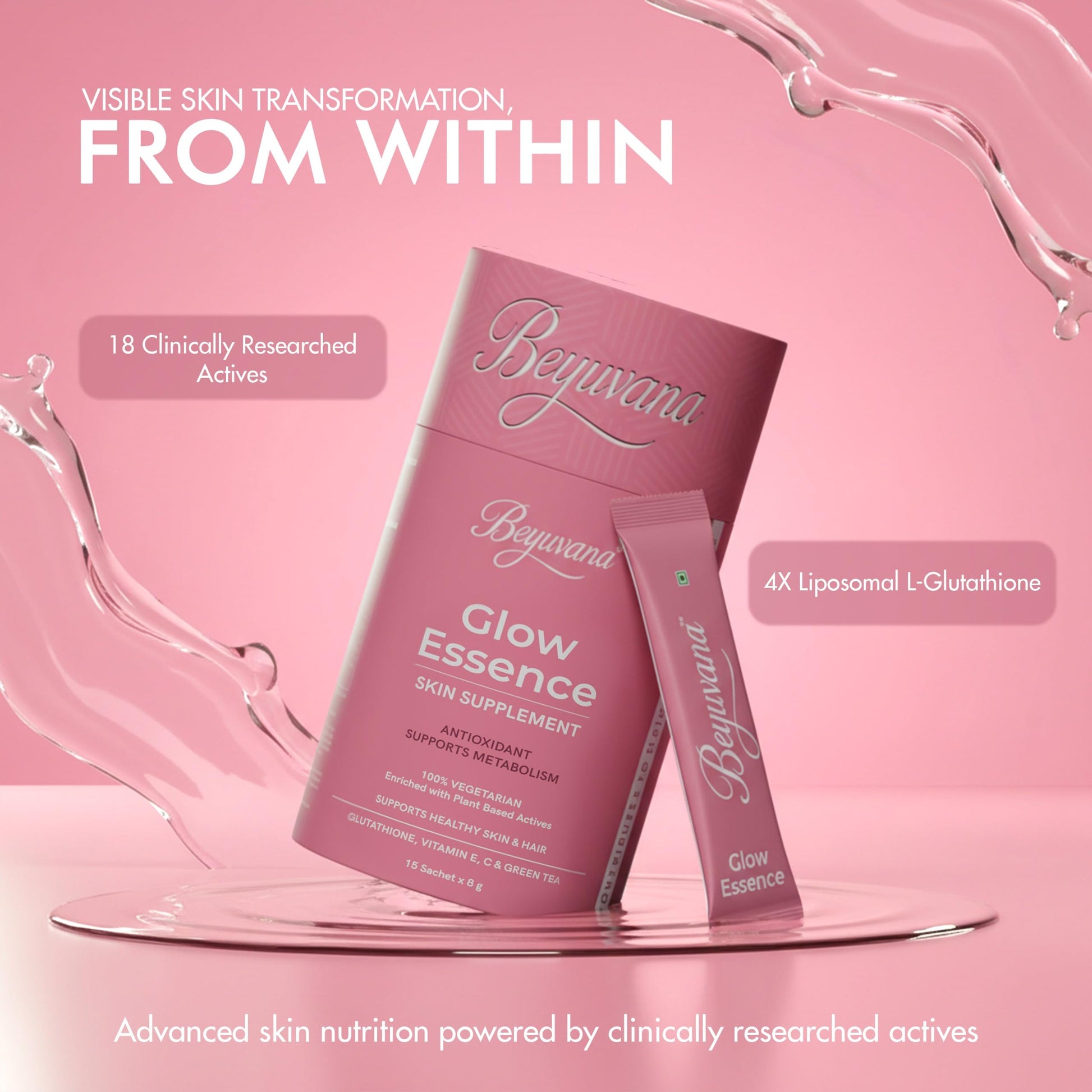 BEYUVANA Glow Essence Skin Supplement Powder with Glutathione, Vitamin C & E, Green Tea Extract - close-up detail (17)