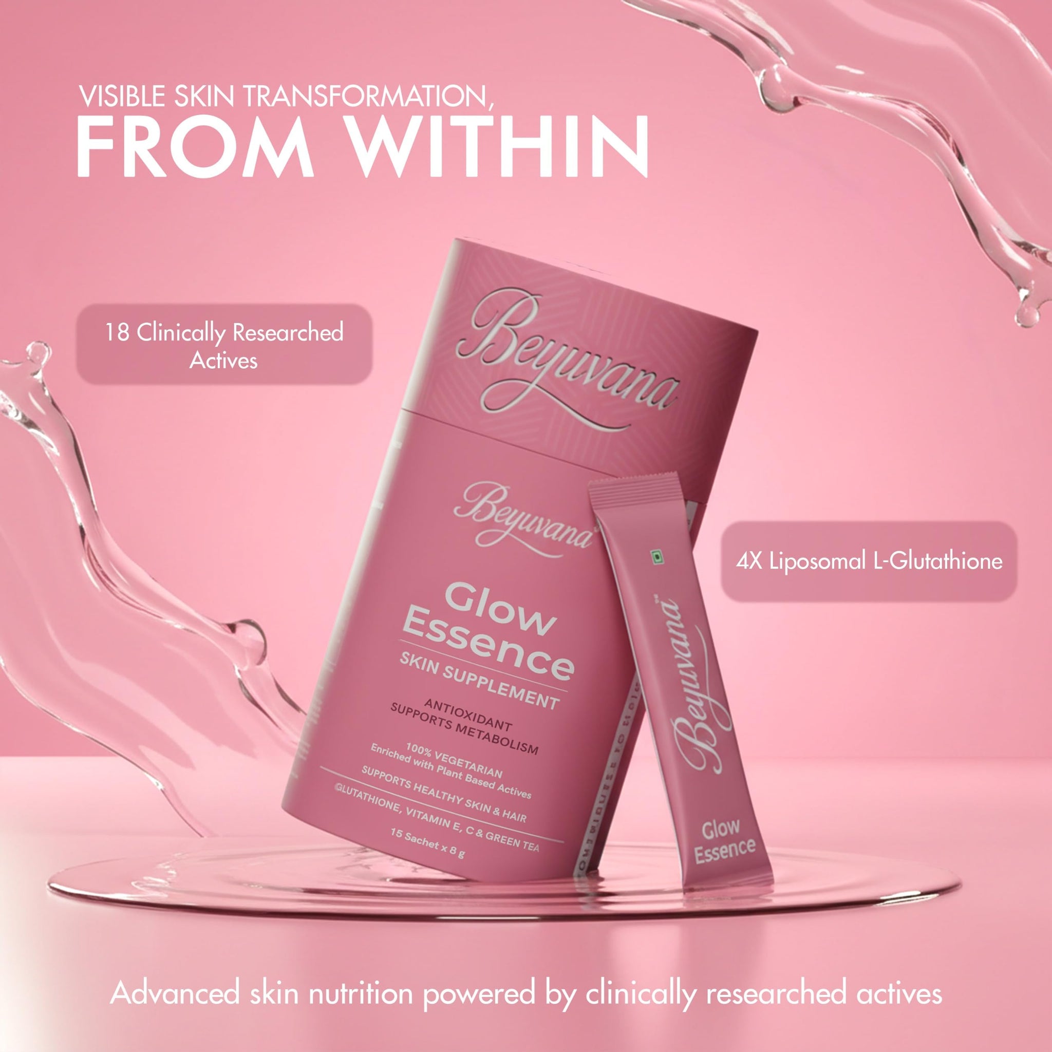 BEYUVANA Glow Essence Skin Supplement Powder with Glutathione, Vitamin C & E, Green Tea Extract - close-up detail (17)