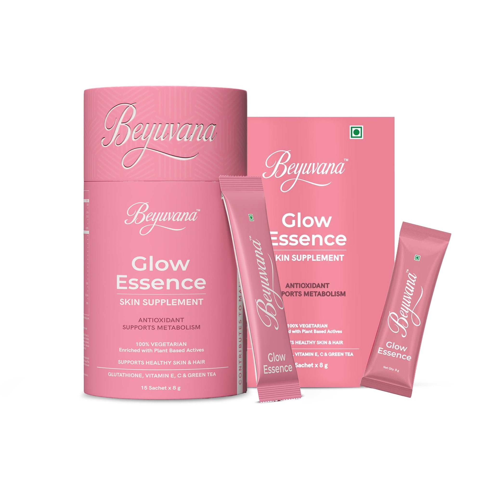 BEYUVANA Glow Essence Skin Supplement Powder with Glutathione, Vitamin C & E, Green Tea Extract (20)