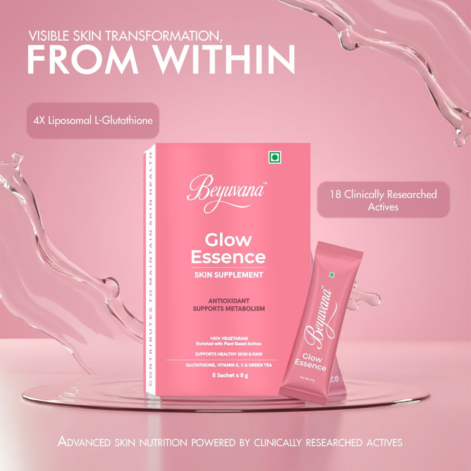 BEYUVANA Glow Essence Skin Supplement Powder with Glutathione, Vitamin C & E, Green Tea Extract - front view