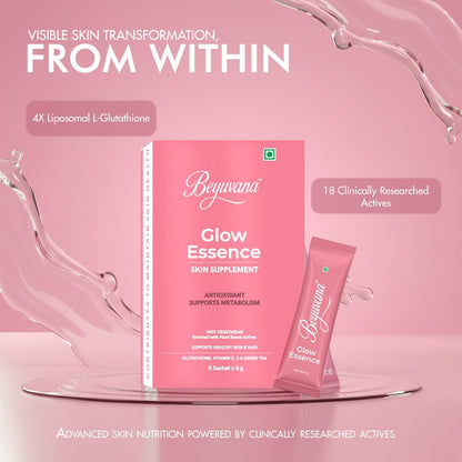 BEYUVANA Glow Essence Skin Supplement Powder with Glutathione, Vitamin C & E, Green Tea Extract - front view