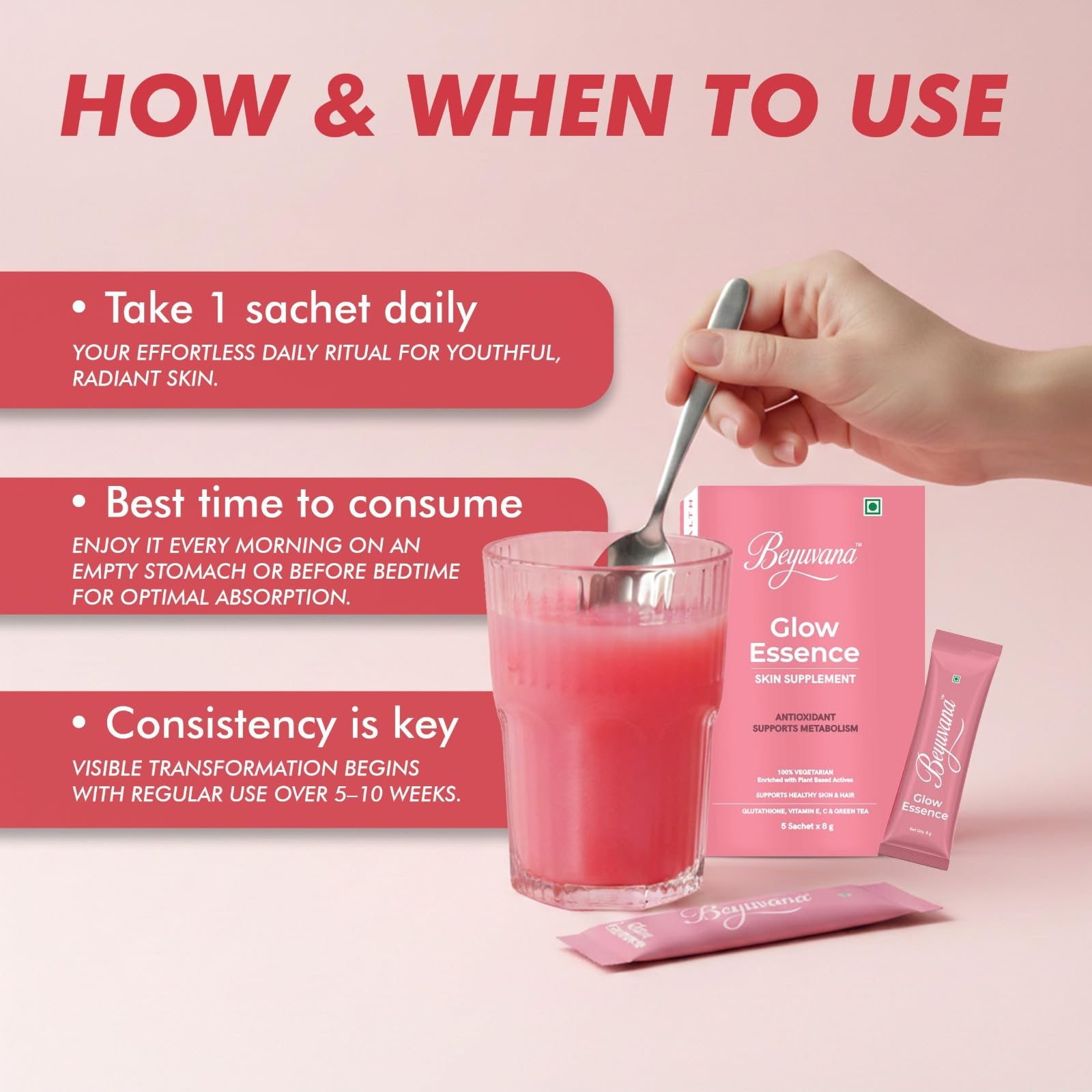 BEYUVANA Glow Essence Skin Supplement Powder with Glutathione, Vitamin C & E, Green Tea Extract - packaging