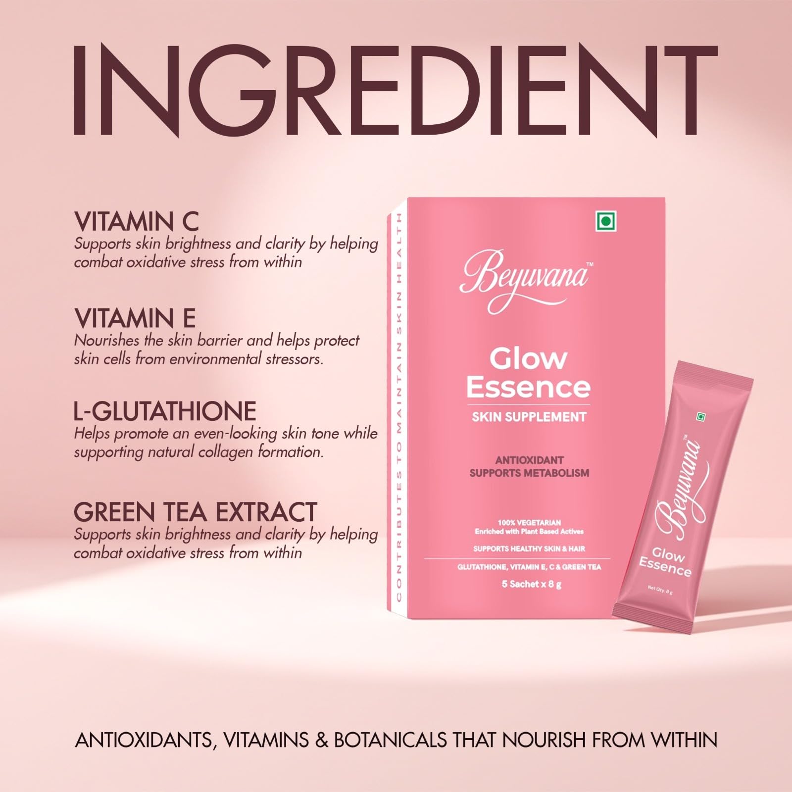 BEYUVANA Glow Essence Skin Supplement Powder with Glutathione, Vitamin C & E, Green Tea Extract - ingredients panel