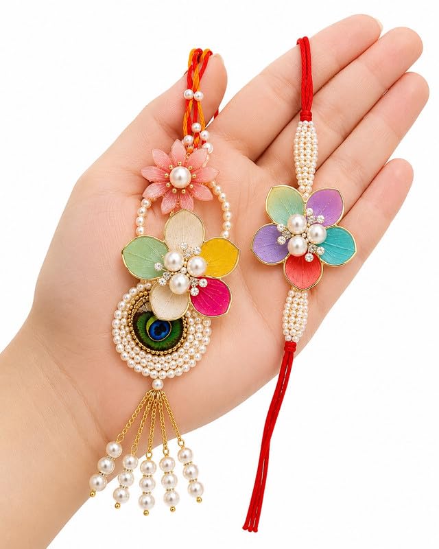 Bhaiya Bhabhi Rakhi Set with Lumba Rakhi | Designer Bhai Bhabhi Combo for Raksha Bandhan | Traditional Handmade Bracelet Pair