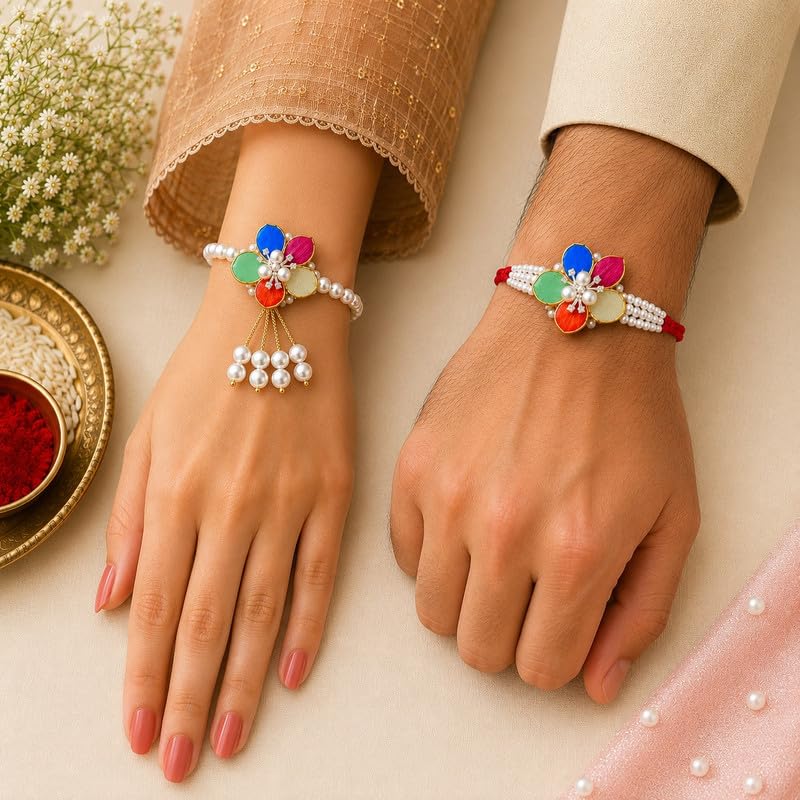 Bhaiya Bhabhi Rakhi Set with Lumba Rakhi | Designer Bhai Bhabhi Combo for Raksha Bandhan | Traditional Handmade Bracelet Pair