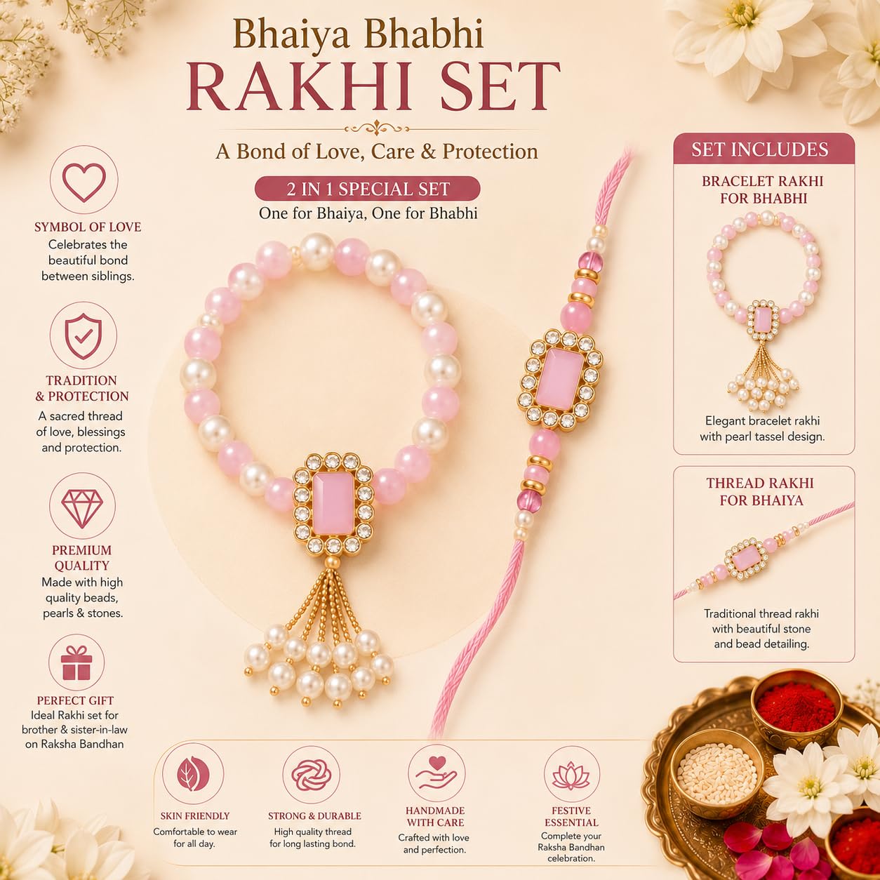 Bhaiya Bhabhi Rakhi Set with Lumba Rakhi | Designer Bhai Bhabhi Combo for Raksha Bandhan | Traditional Handmade Bracelet Pair