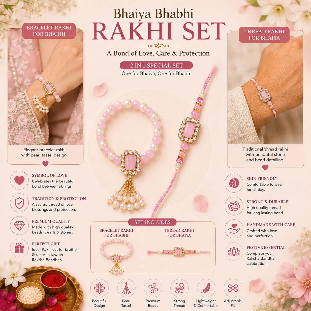 Bhaiya Bhabhi Rakhi Set with Lumba Rakhi | Designer Bhai Bhabhi Combo for Raksha Bandhan | Traditional Handmade Bracelet Pair