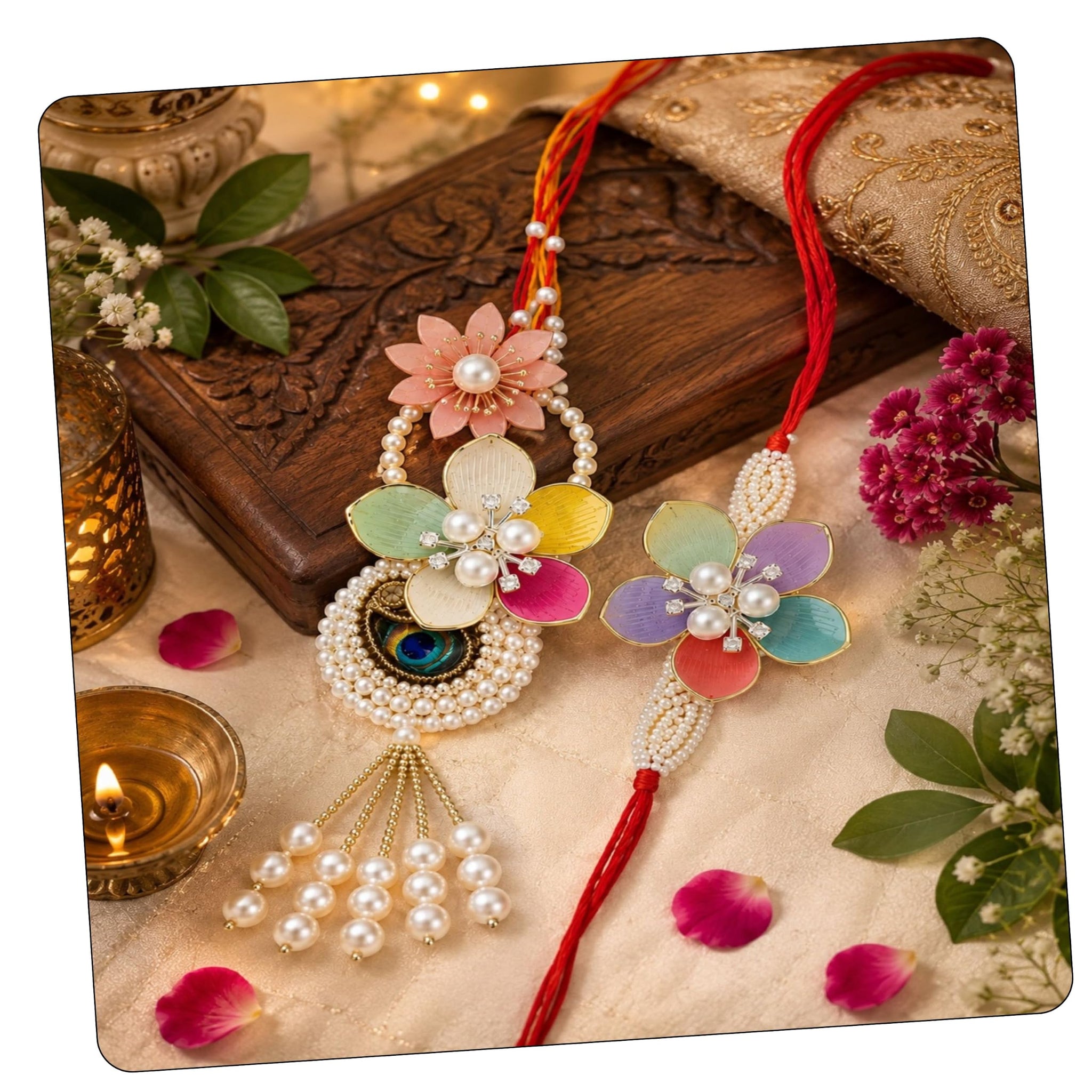 Bhaiya Bhabhi Rakhi Set with Lumba Rakhi | Designer Bhai Bhabhi Combo for Raksha Bandhan | Traditional Handmade Bracelet Pair