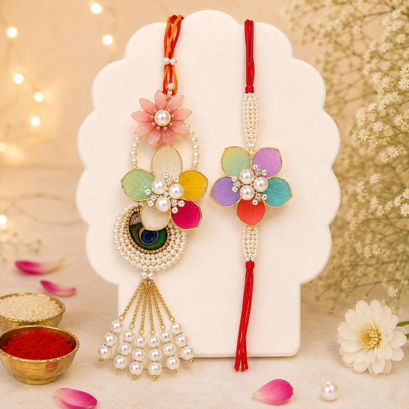 Bhaiya Bhabhi Rakhi Set with Lumba Rakhi | Designer Bhai Bhabhi Combo for Raksha Bandhan | Traditional Handmade Bracelet Pair