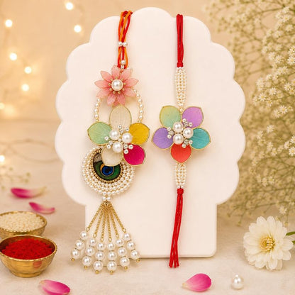 Bhaiya Bhabhi Rakhi Set with Lumba Rakhi | Designer Bhai Bhabhi Combo for Raksha Bandhan | Traditional Handmade Bracelet Pair