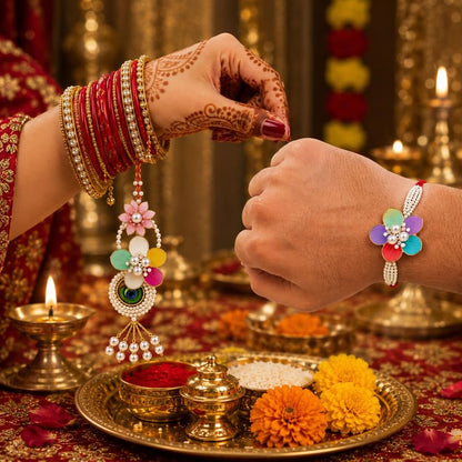 Bhaiya Bhabhi Rakhi Set with Lumba Rakhi | Designer Bhai Bhabhi Combo for Raksha Bandhan | Traditional Handmade Bracelet Pair