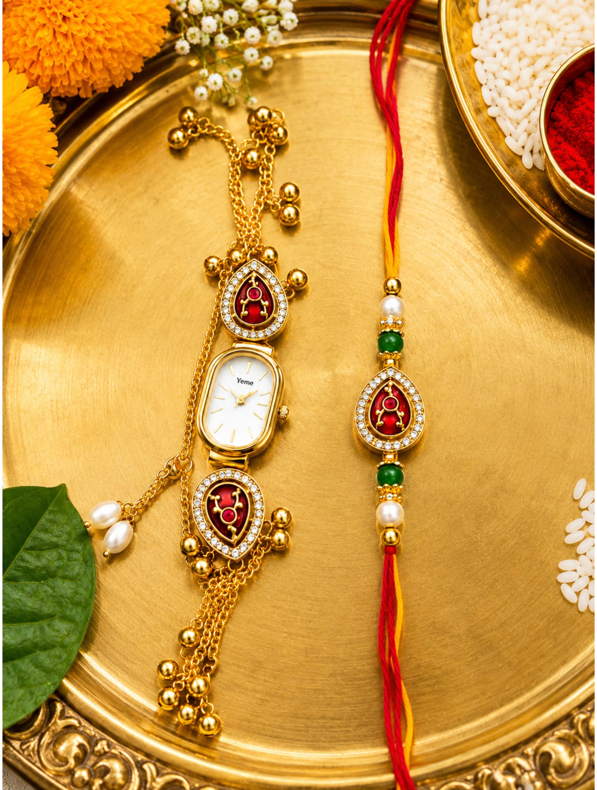 Bhaiya Bhabhi Rakhi Set with Pearl Bracelet, Designer Raksha Bandhan Rakhi for Brother and Sister-in-Law, 2 Pieces - front vi