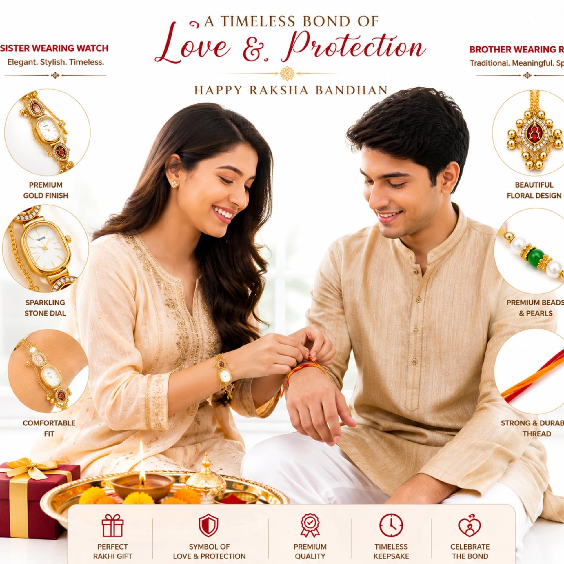 Bhaiya Bhabhi Rakhi Set with Pearl Bracelet, Designer Raksha Bandhan Rakhi for Brother and Sister-in-Law, 2 Pieces - back vie