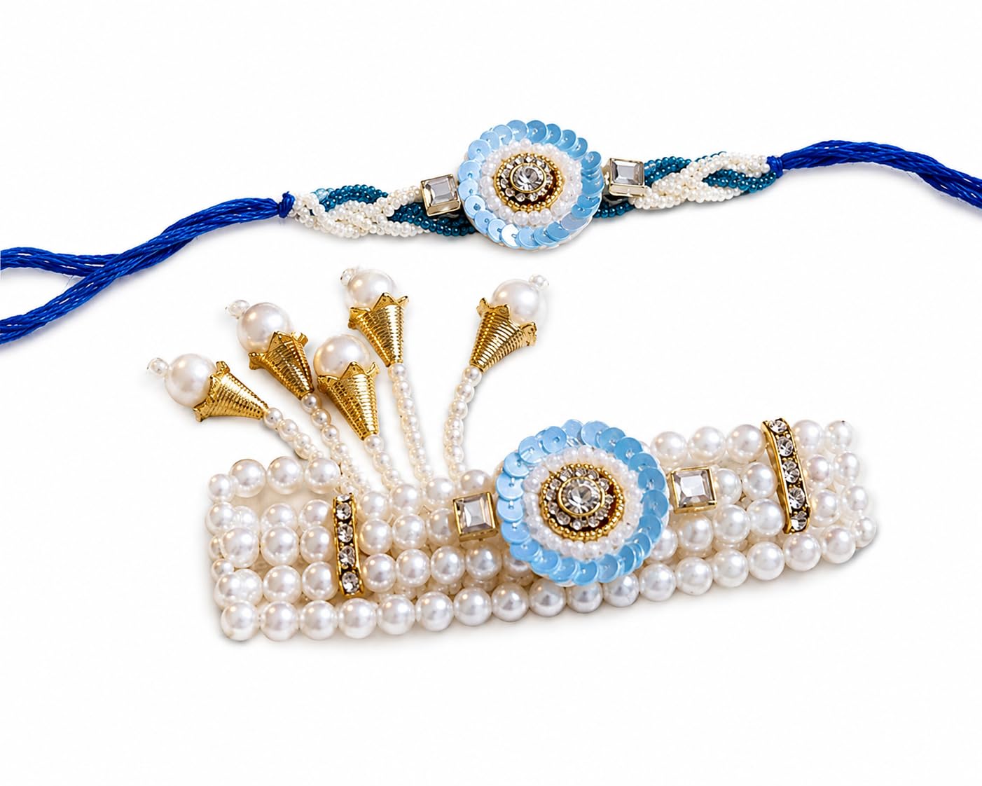 Bhaiya Bhabhi Rakhi Set with Pearl Bracelet, Designer Raksha Bandhan Rakhi for Brother and Sister-in-Law, 2 Pieces (12)