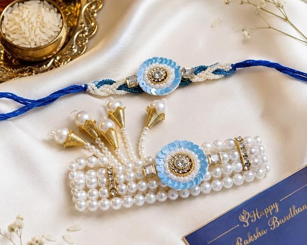 Bhaiya Bhabhi Rakhi Set with Pearl Bracelet, Designer Raksha Bandhan Rakhi for Brother and Sister-in-Law, 2 Pieces - front vi