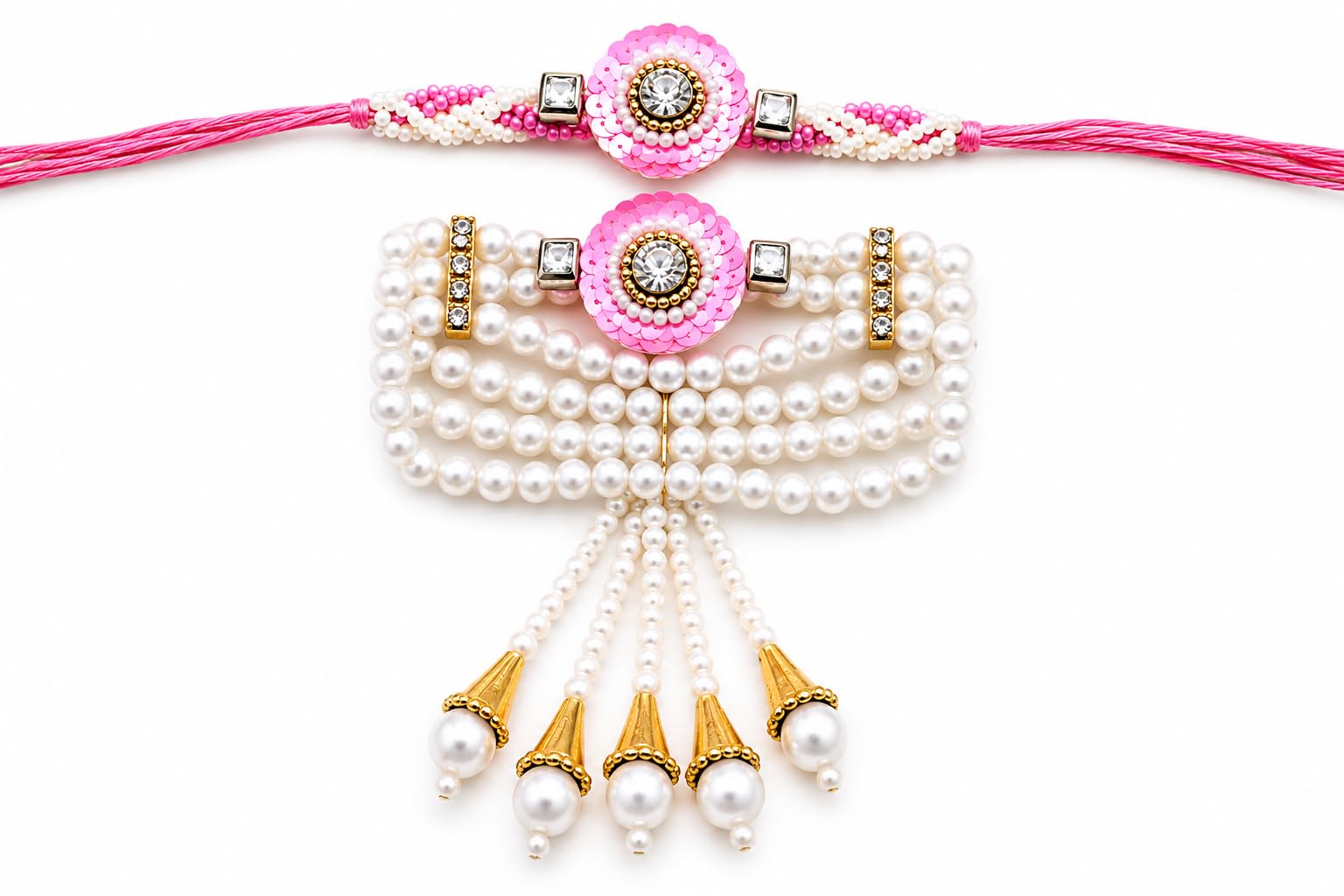 Bhaiya Bhabhi Rakhi Set with Pearl Bracelet, Designer Raksha Bandhan Rakhi for Brother and Sister-in-Law, 2 Pieces (14)