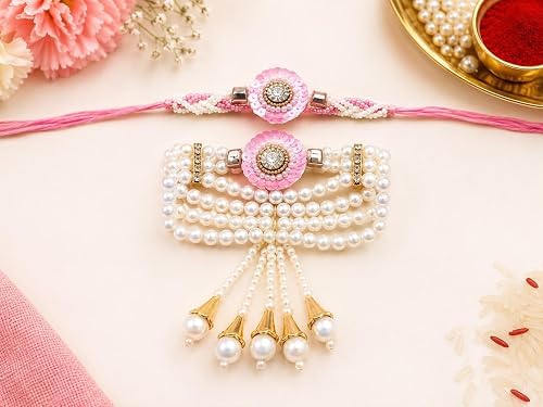 Bhaiya Bhabhi Rakhi Set with Pearl Bracelet, Designer Raksha Bandhan Rakhi for Brother and Sister-in-Law, 2 Pieces - front vi
