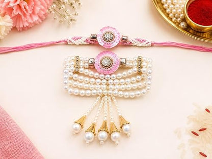 Bhaiya Bhabhi Rakhi Set with Pearl Bracelet, Designer Raksha Bandhan Rakhi for Brother and Sister-in-Law, 2 Pieces - front vi