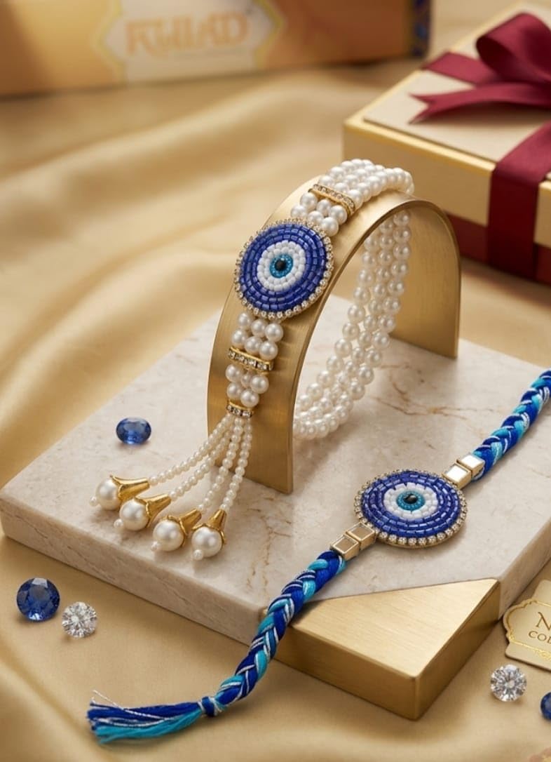 Bhaiya Bhabhi Rakhi Set with Pearl Bracelet, Designer Raksha Bandhan Rakhi for Brother and Sister-in-Law, 2 Pieces - front vi