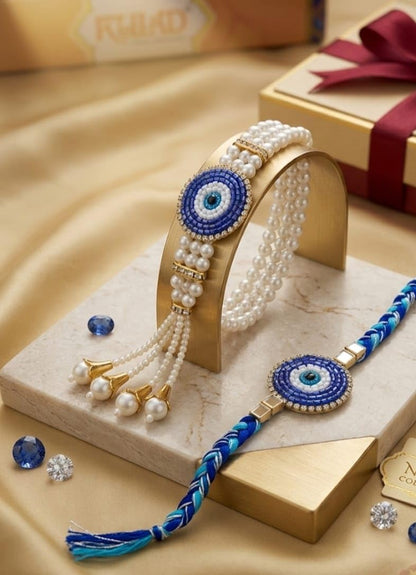 Bhaiya Bhabhi Rakhi Set with Pearl Bracelet, Designer Raksha Bandhan Rakhi for Brother and Sister-in-Law, 2 Pieces - front vi