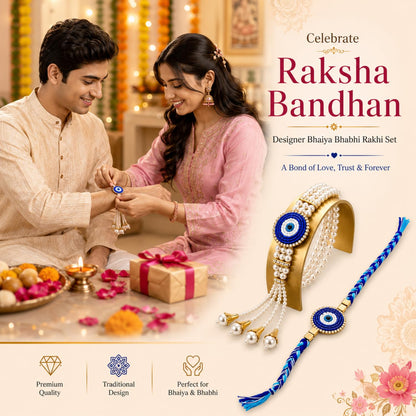 Bhaiya Bhabhi Rakhi Set with Pearl Bracelet, Designer Raksha Bandhan Rakhi for Brother and Sister-in-Law, 2 Pieces - back vie
