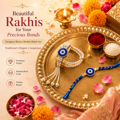 Bhaiya Bhabhi Rakhi Set with Pearl Bracelet, Designer Raksha Bandhan Rakhi for Brother and Sister-in-Law, 2 Pieces - packagin