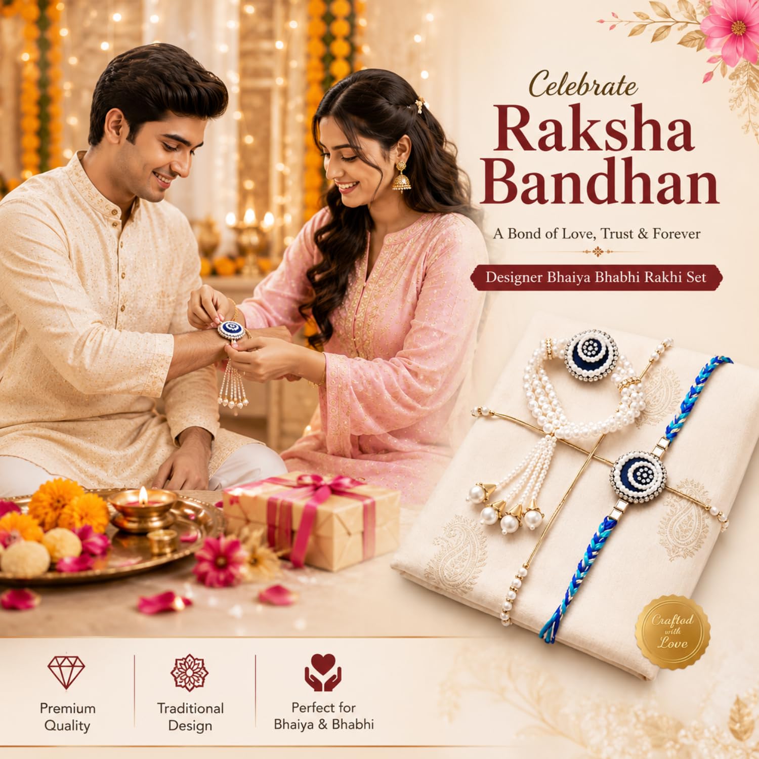 Bhaiya Bhabhi Rakhi Set with Pearl Bracelet, Designer Raksha Bandhan Rakhi for Brother and Sister-in-Law, 2 Pieces - front vi
