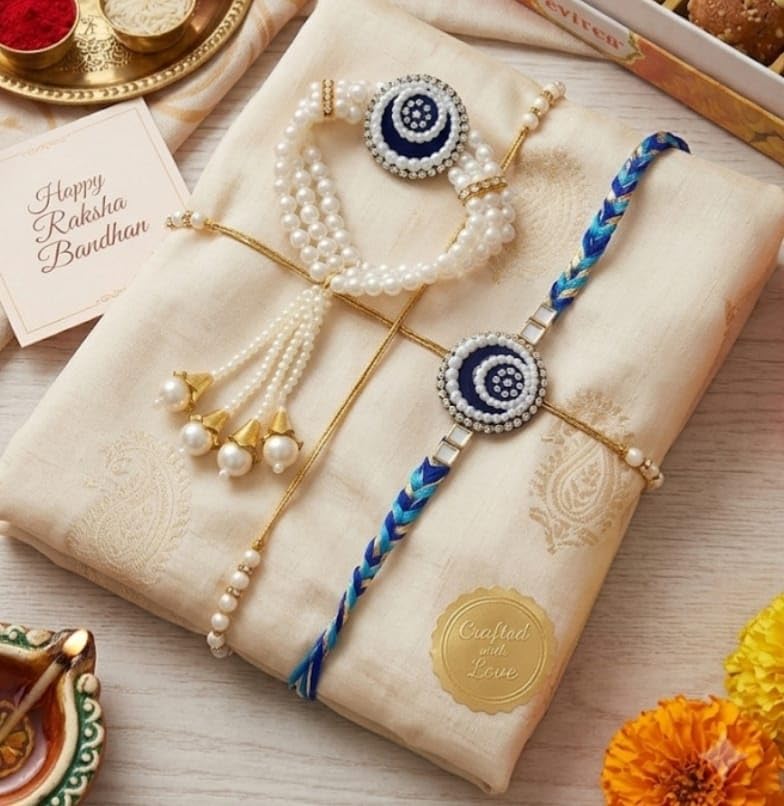 Bhaiya Bhabhi Rakhi Set with Pearl Bracelet, Designer Raksha Bandhan Rakhi for Brother and Sister-in-Law, 2 Pieces - packagin