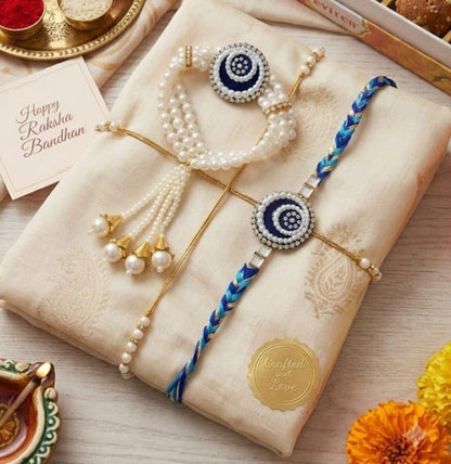 Bhaiya Bhabhi Rakhi Set with Pearl Bracelet, Designer Raksha Bandhan Rakhi for Brother and Sister-in-Law, 2 Pieces - packagin