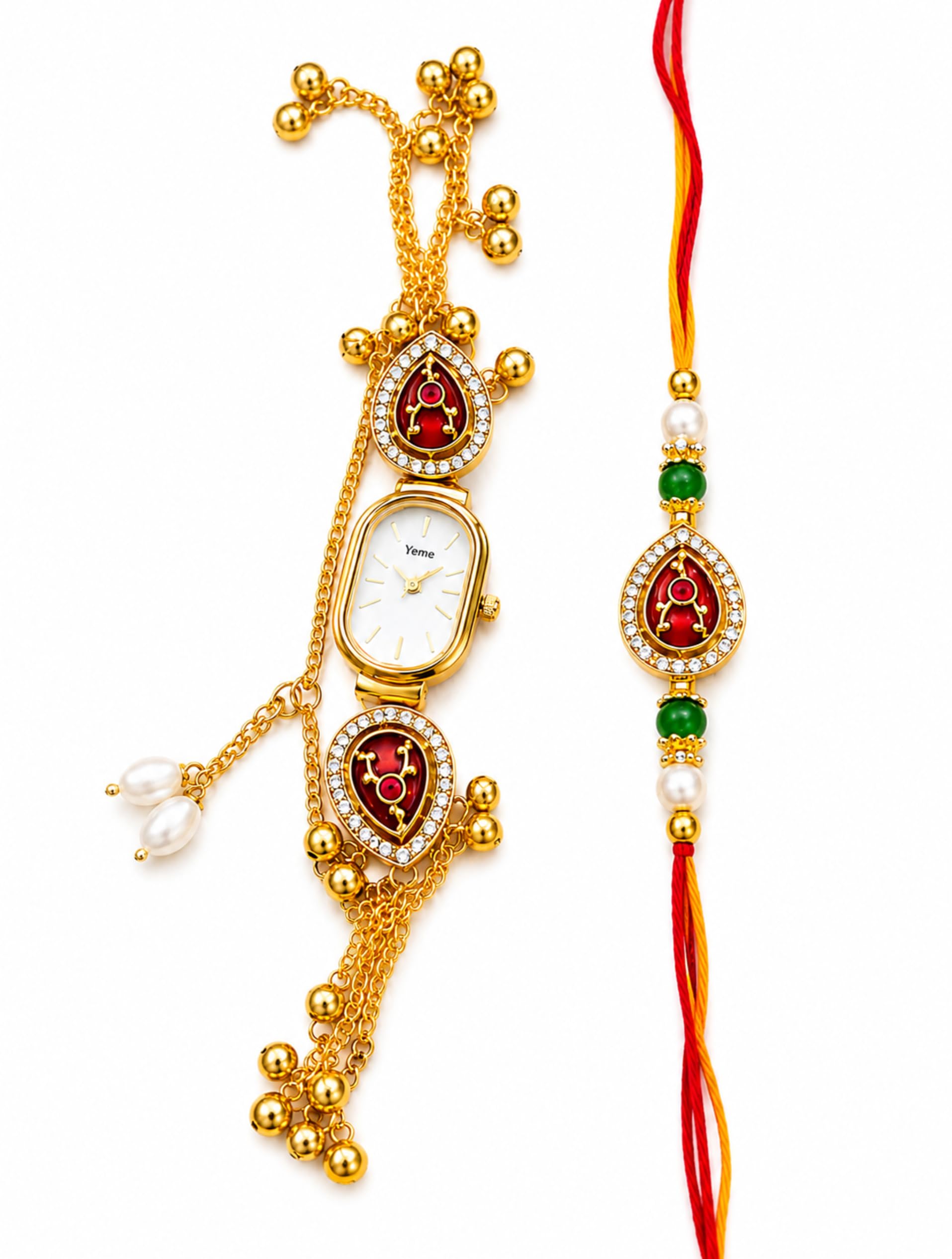 Bhaiya Bhabhi Rakhi Set with Pearl Bracelet, Designer Raksha Bandhan Rakhi for Brother and Sister-in-Law, 2 Pieces (9)