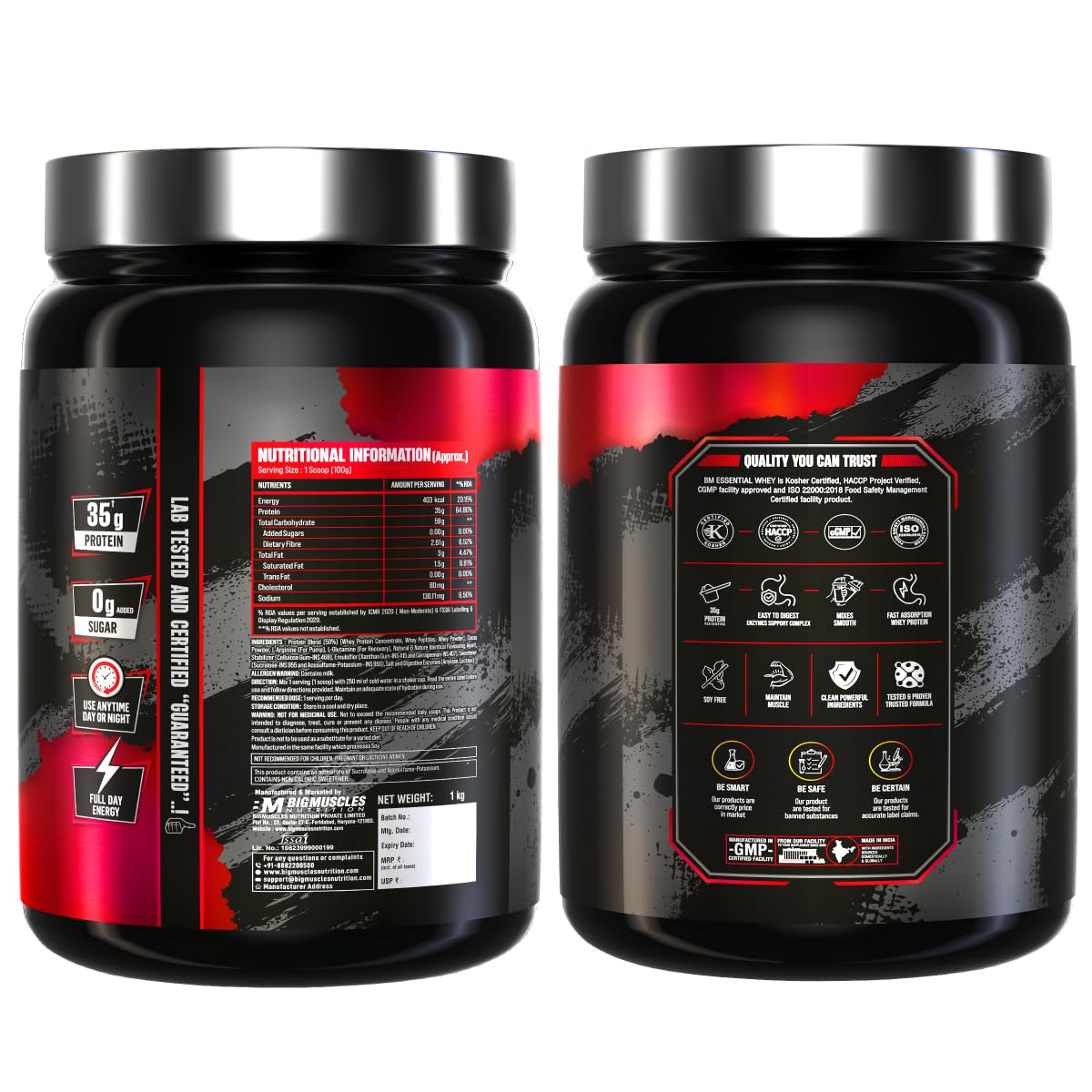 Bigmuscles Nutrition Essential Whey Protein, 1000g, 24g Protein per Serving, with Digestive Enzymes, Vitamins & Minerals - cl