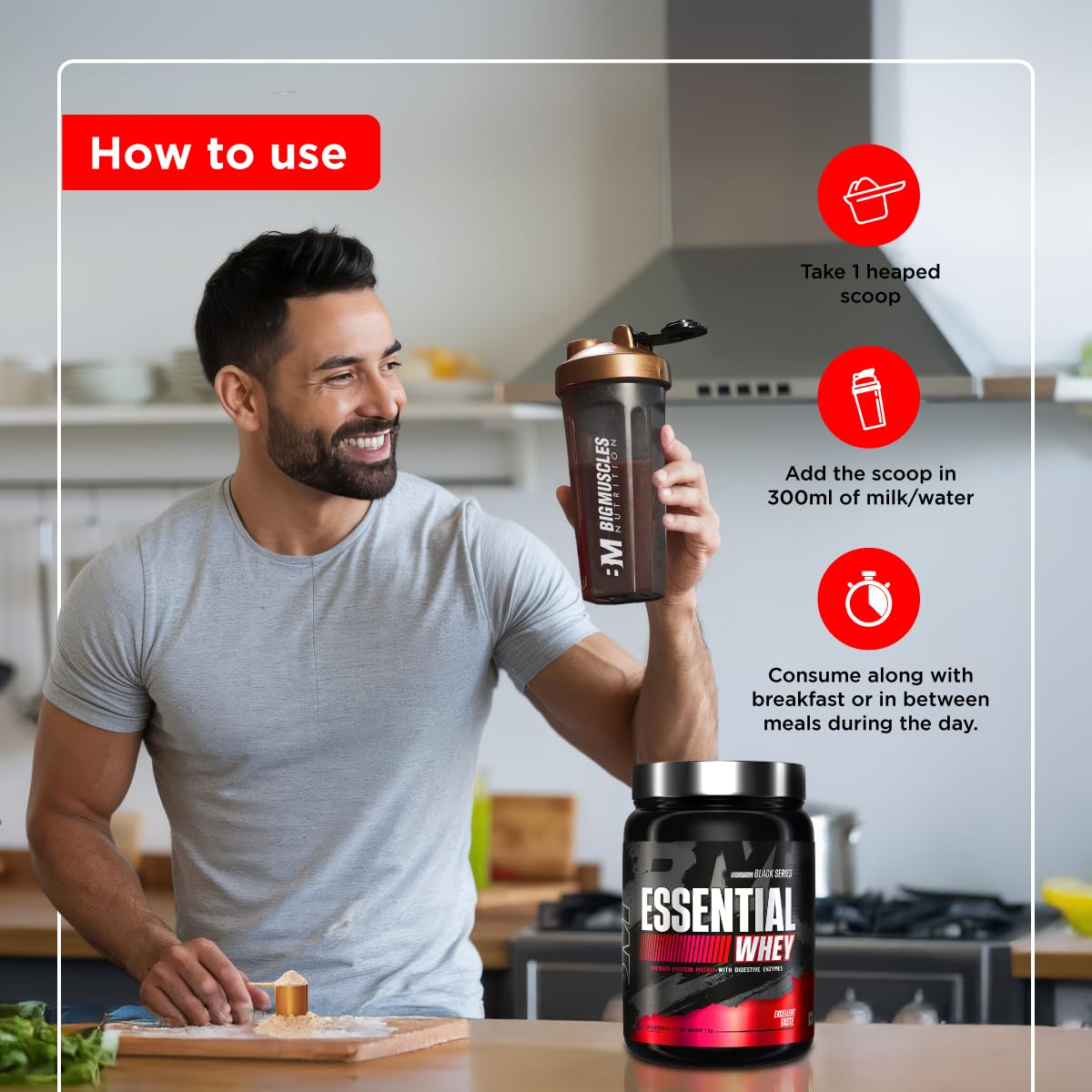 Bigmuscles Nutrition Essential Whey Protein, 1000g, 24g Protein per Serving, with Digestive Enzymes, Vitamins & Minerals - si