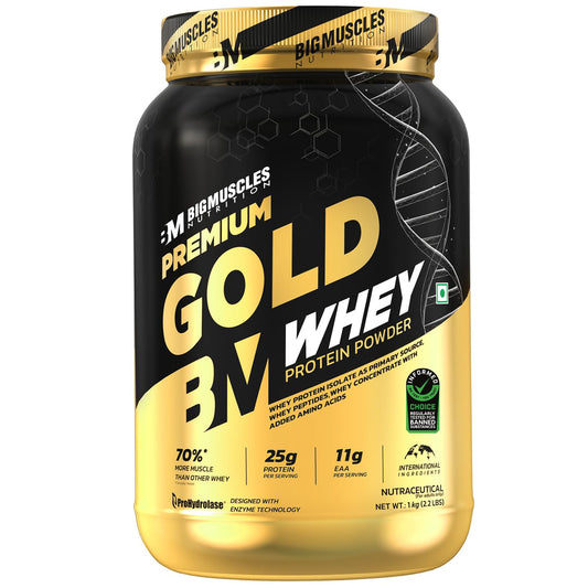 Bigmuscles Nutrition Gold Whey, 1 kg, Whey Protein Isolate Blend with Prohydrolase Enzyme, Informed Choice Certified