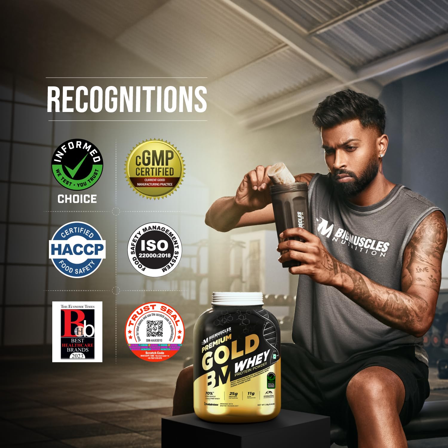 Bigmuscles Nutrition Gold Whey, 1 kg, Whey Protein Isolate Blend with Prohydrolase Enzyme, Informed Choice Certified - front