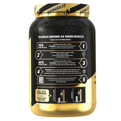 Bigmuscles Nutrition Gold Whey, 1 kg, Whey Protein Isolate Blend with Prohydrolase Enzyme, Informed Choice Certified - packag