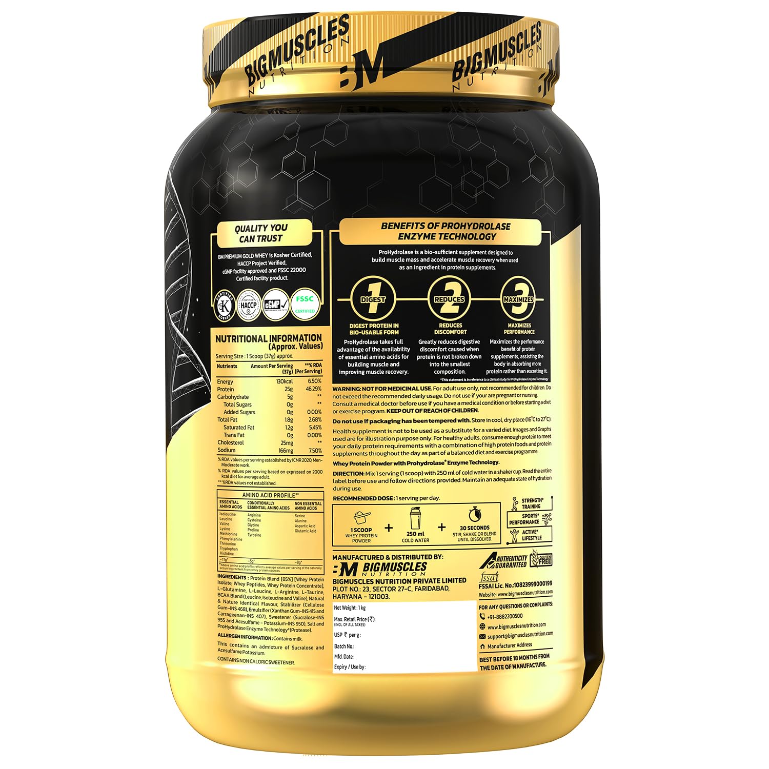 Bigmuscles Nutrition Gold Whey, 1 kg, Whey Protein Isolate Blend with Prohydrolase Enzyme, Informed Choice Certified - label