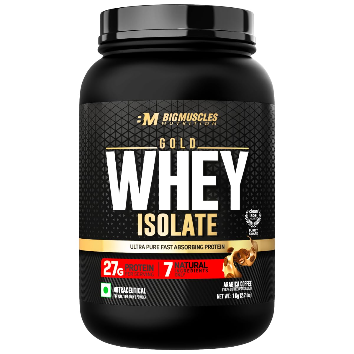 Bigmuscles Nutrition Gold Whey Isolate (1kg, Arabica Coffee) | 27g Whey Protein Isolate 90% | 7 Natural Ingredients Only | 0